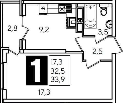 1-к Квартира 32,5кв.м 15/24эт