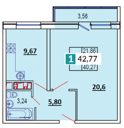 Продается 1-к квартира 42,77 кв.м